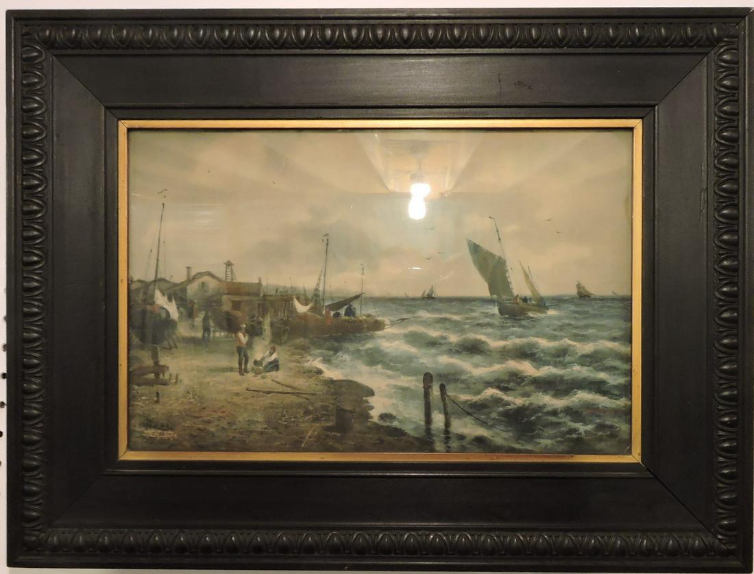 Color tinted print of harbor scene, (1 of 1)