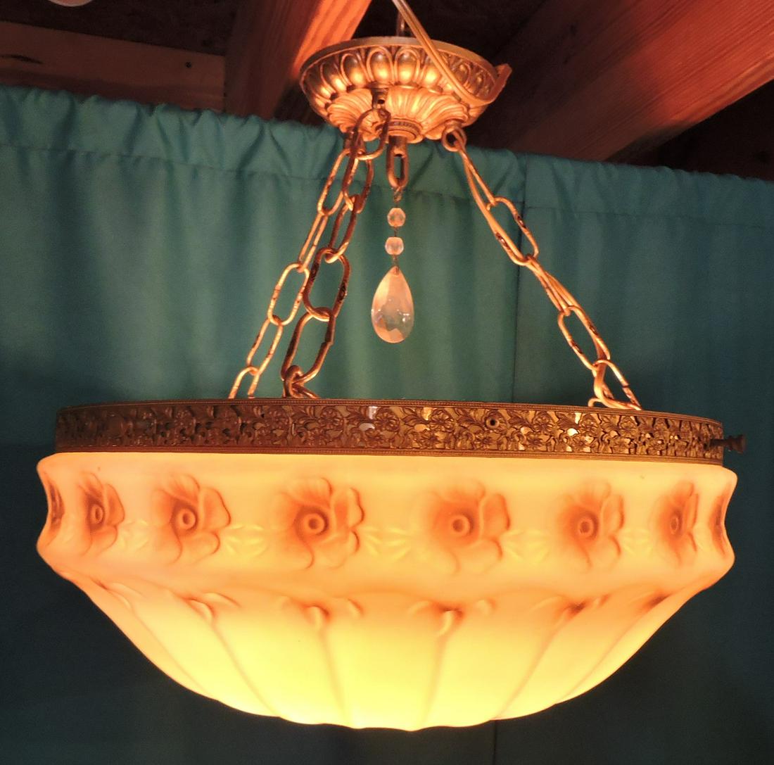 Antique ceiling light with floral embossed: shade, 16 1/2"d