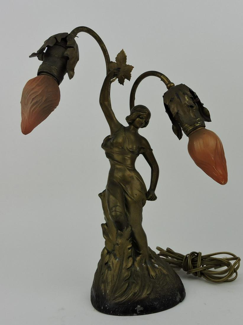 Art Nouveau lady figural tow lite lamp, (1 of 1)