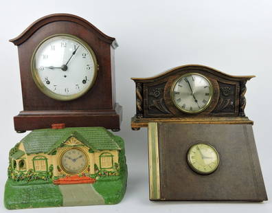 Lot of 4 clocks: Seth Thomas mantle clock,: Lux cottage clock, Park Sherman calendar clock, small oak clock