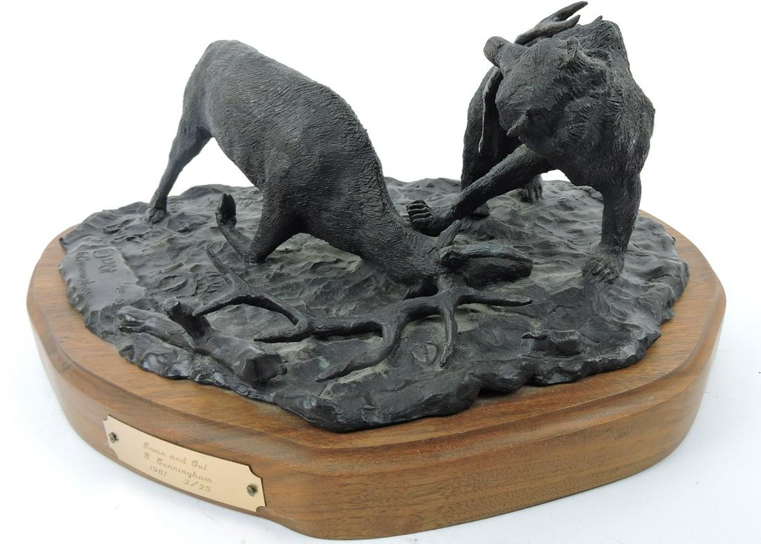 G. Cunningham bronze, "Down and Out": with grizzly bear and elk, 7 1/2"h, 17"w, #2/25, 1981