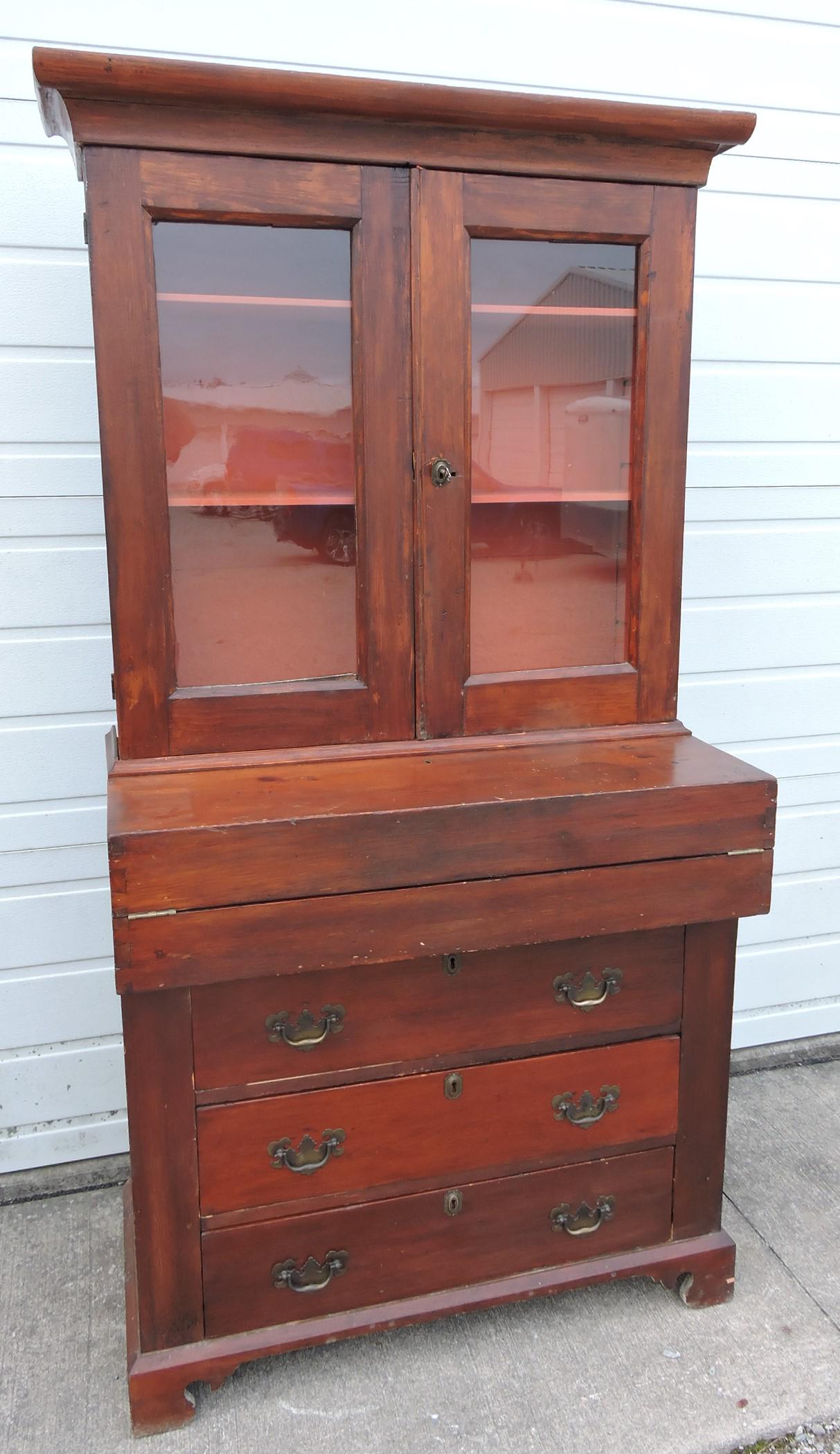 Primitive two piece bookcase secretary, (1 of 3)