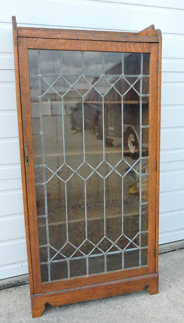 Oak leaded glass door bookcase, (1 of 1)
