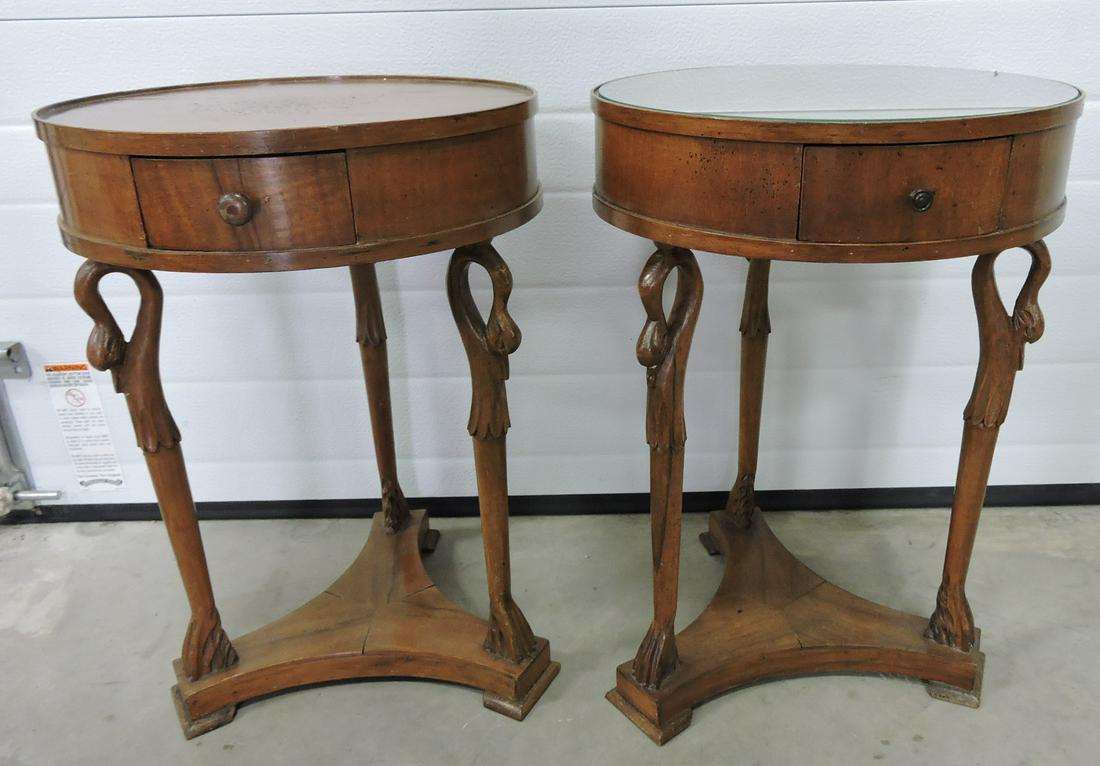 Italian pair of cigarette tables with: swan legs, 20"h, 14"d, one with glass top
