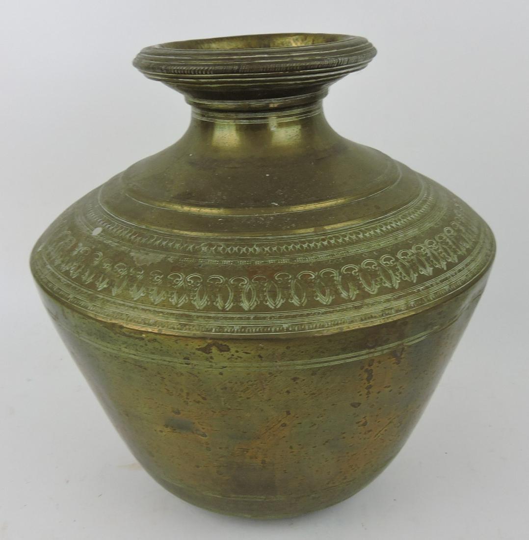 Large early brass vase, 12"h, 12"w (1 of 1)