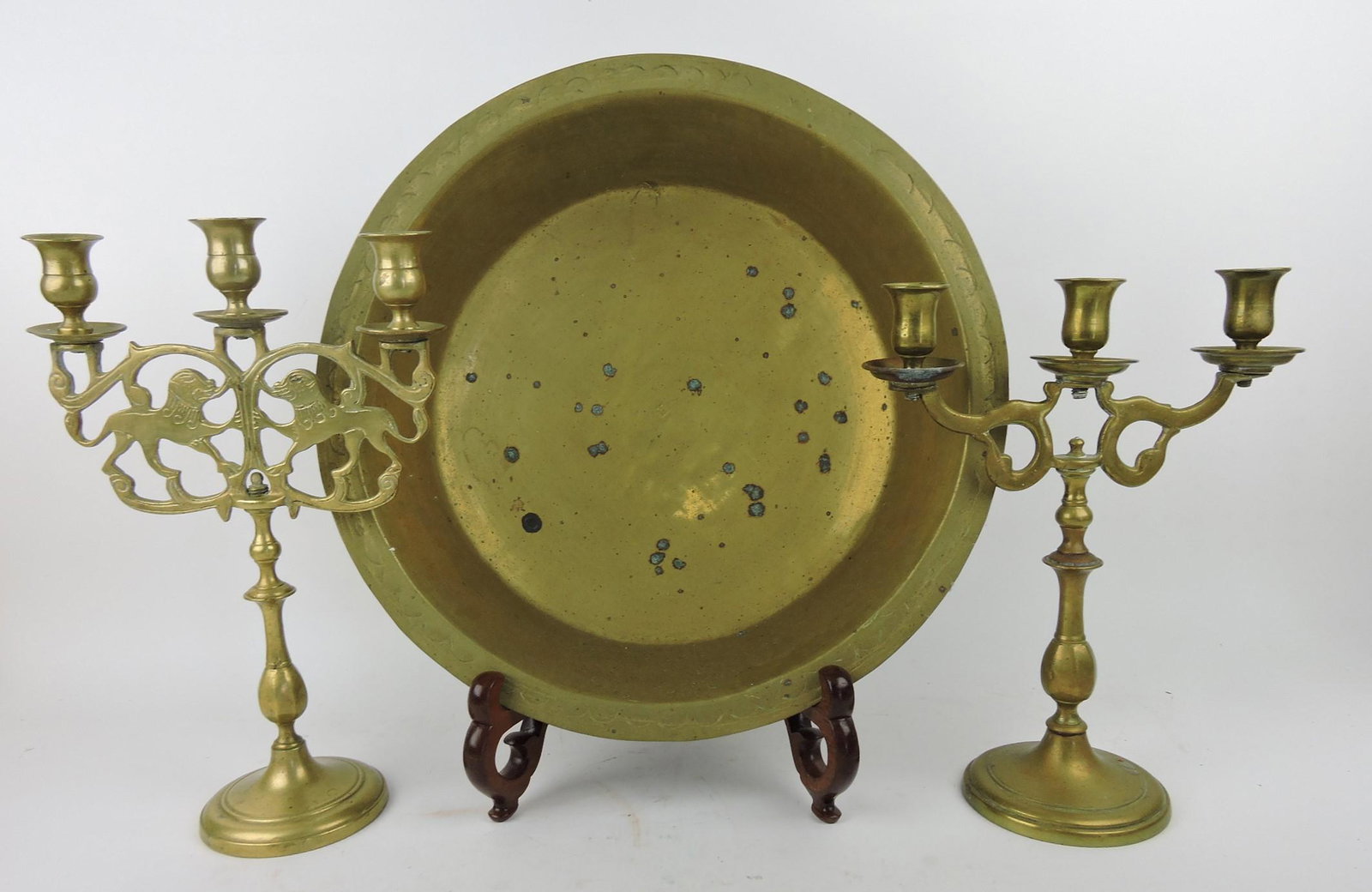 Early brass bowl 16", and 2 - 3 lite: brass candelabras