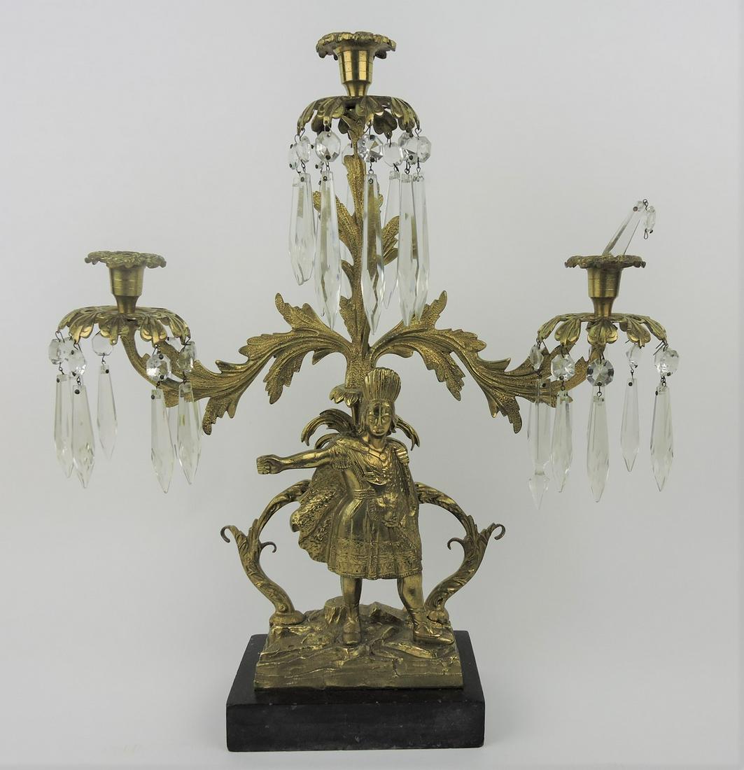 Brass 3 lite candelabra with Aztec: Indian figure (missing staff), 19"