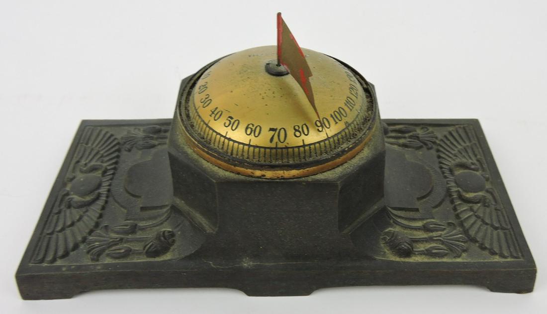 Bronze Egyptian Revival desk: "thermovane" thermometer made by Schaeffer & Budenbert, Brooklyn, NY