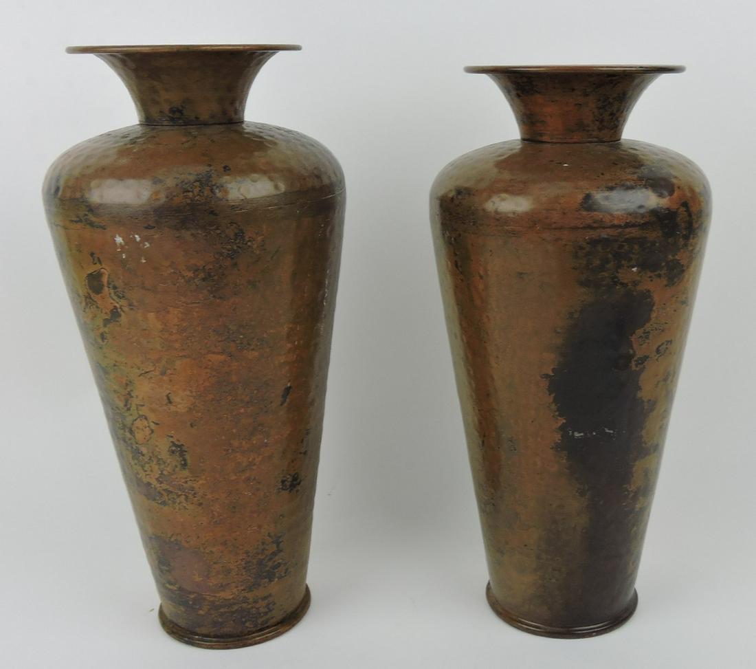 Hammered copper pai of vases,: 12 1/2" / 13"