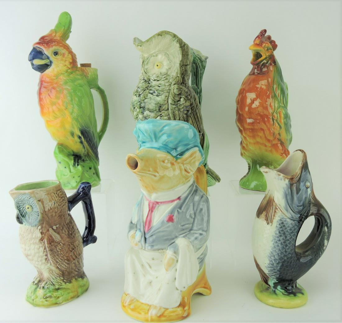 Majolica lot of 6 figural pitchers, (1 of 1)