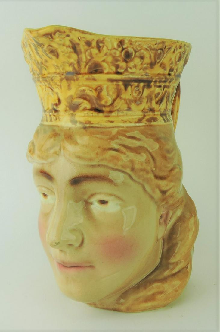 Sarreguemines majolica "Lady with: Crown" face jug, hard to find, #3331, 8", minor rim nick
