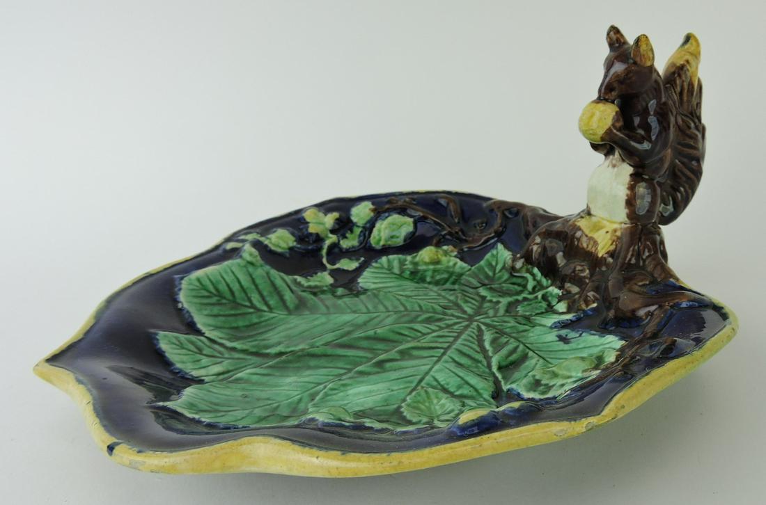 Majolica cobalt leaf tray with squirrel, (1 of 1)