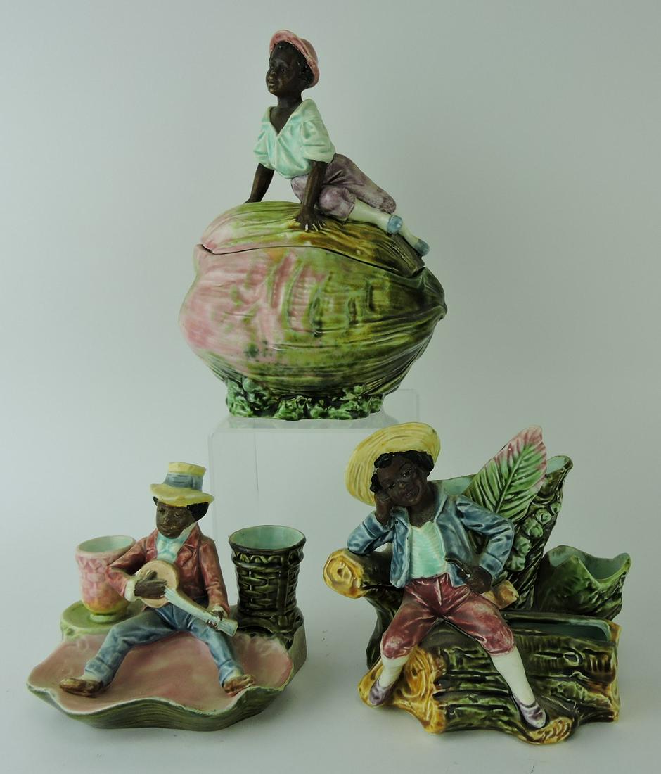 Majolica Blackamoor humidor and: figural match strikers, various condition