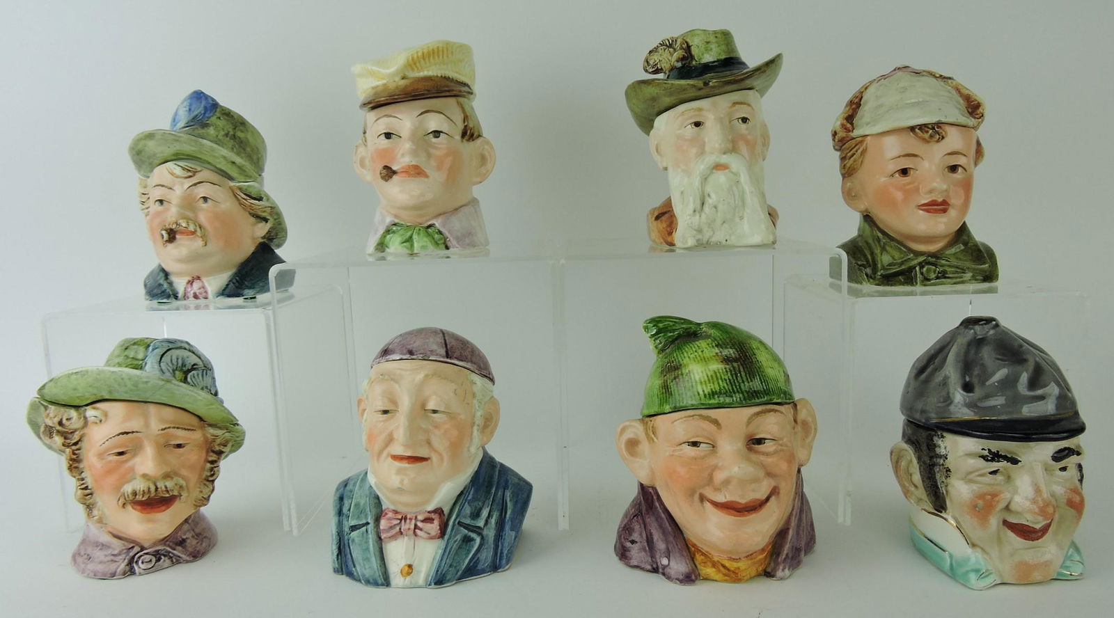 Majolica lot of 8 men's head humidors,: various condition