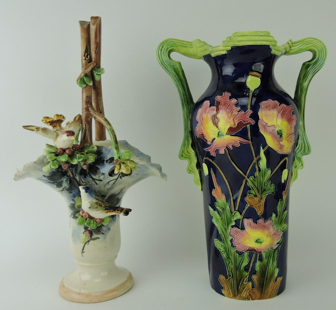 Majolica 14" basket with applied: flowers and birds AND 13" cobalt floral vase, various condition