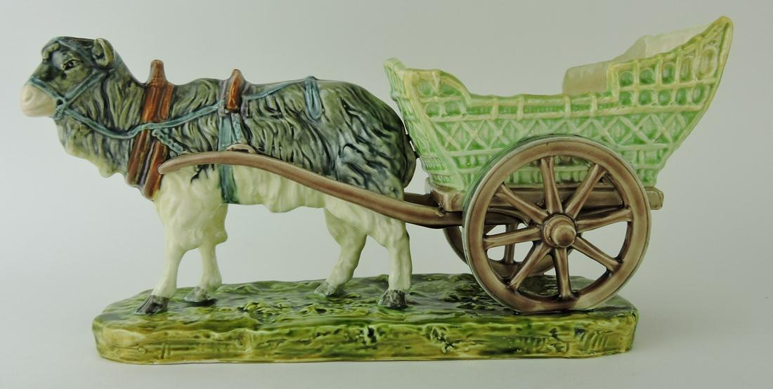 Continental goat with cart figural: planter, hairline, 13 1/2"l, 6 1/2"h
