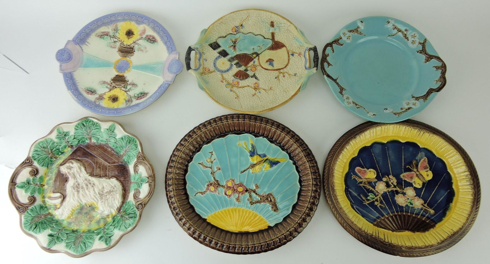 Majolica lot of 6 platters and trays,: various condition