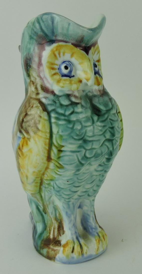 Morley & Co. majolica owl pitcher, 8 1/2": .