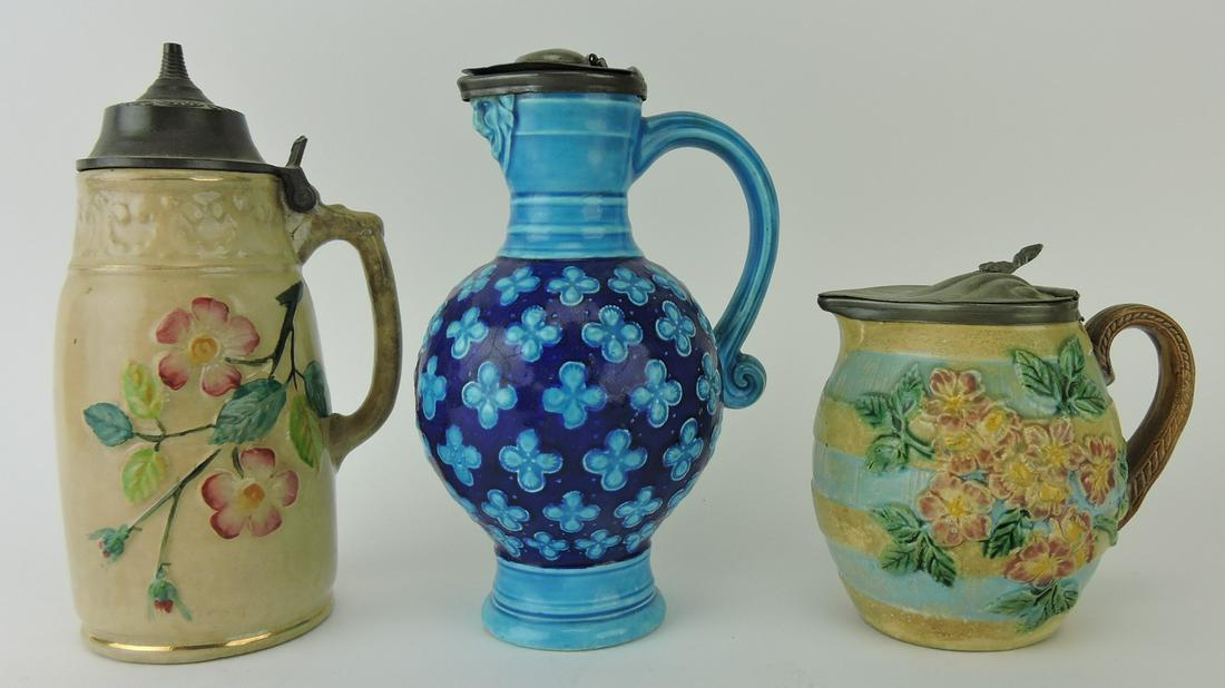 Majolica lot of 3 pewter top syrup: pitchers including one Minton