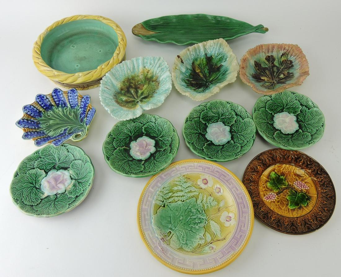 Majolica lot of 12 plates and trays,: various condition