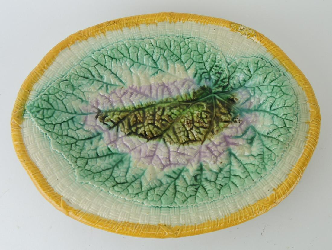 Majolica begonia leaf on wicker 13 1/2" (1 of 1)