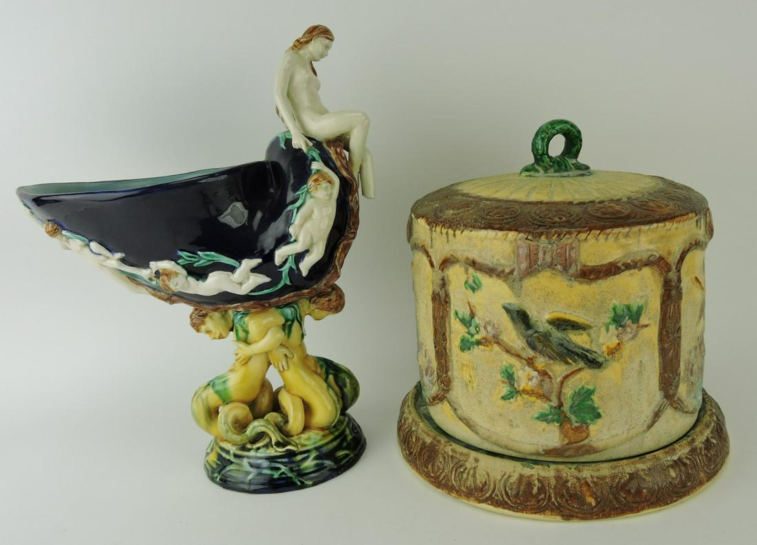 Contemporary shell and mermaid table: center and bird on branch cheese keeper, various condition