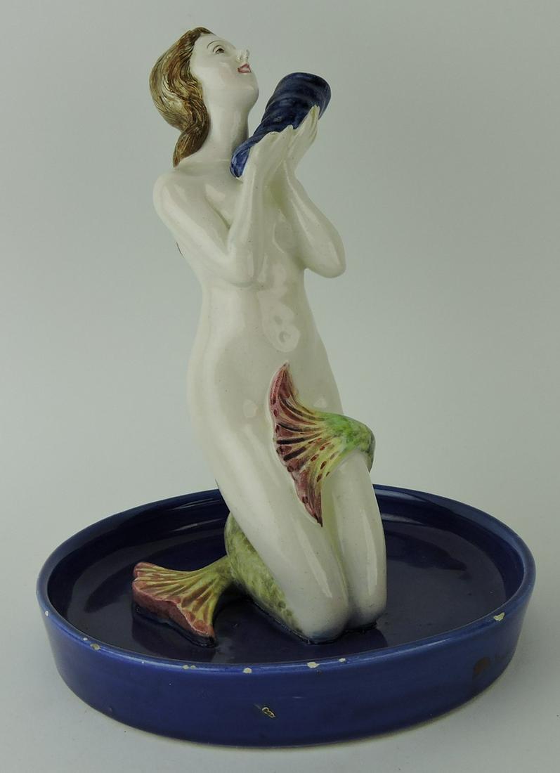 Majolica mermaid with shell, 10", glaze: nicks
