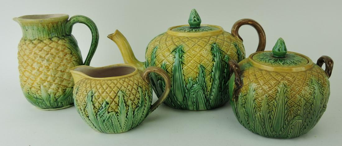 Majolica pineapple lot of 4 pieces,: various condition