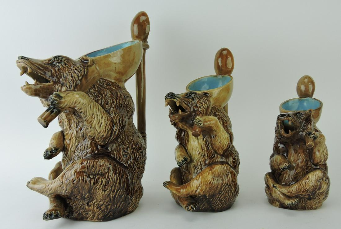 Holdcroft majolica set of 3 graduated: honey bear pitchers with spoon handles, 7 to 11 1/2", professional repair to spoons and teeth