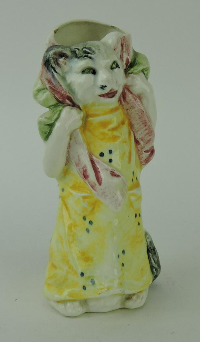 Majolica cat figural vase, 6" rim nick: .