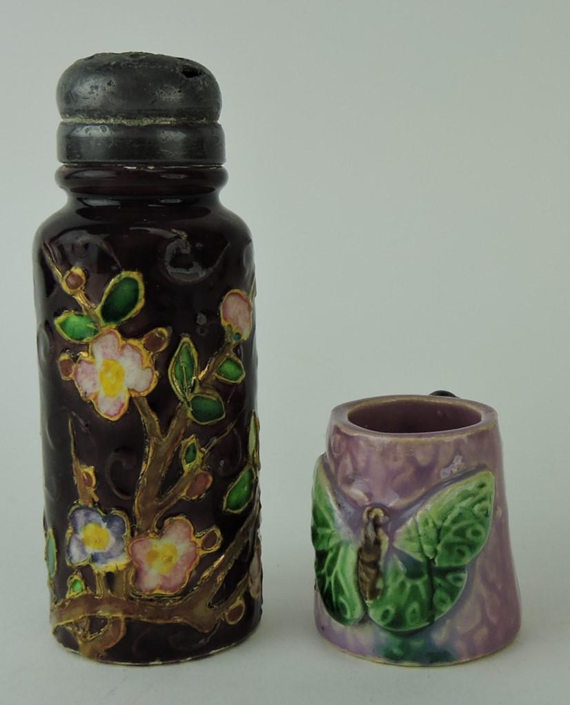 Majolica moth/butterfly toothpick holder: and floral shaker