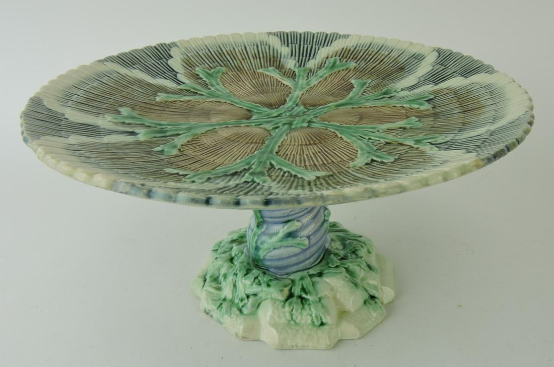 Etruscan majolica shell and seaweed: cakestand, minor rim chip repair to back, 9 1/4"d, 5"h