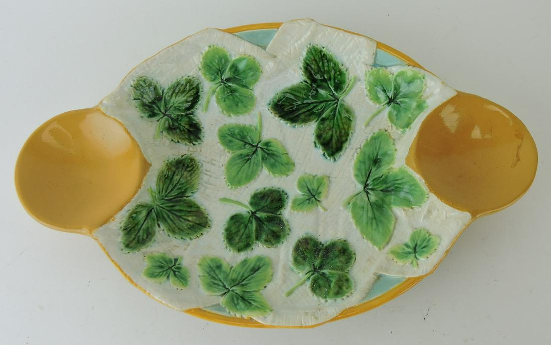 George Jones majolica strawberry tray,: 14 1/2", end restored