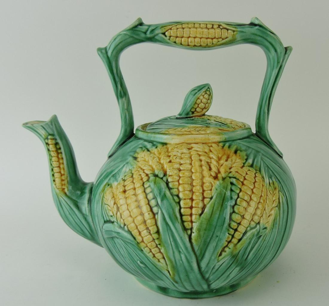 Majolica corn tea kettle, 9", chip to (1 of 1)