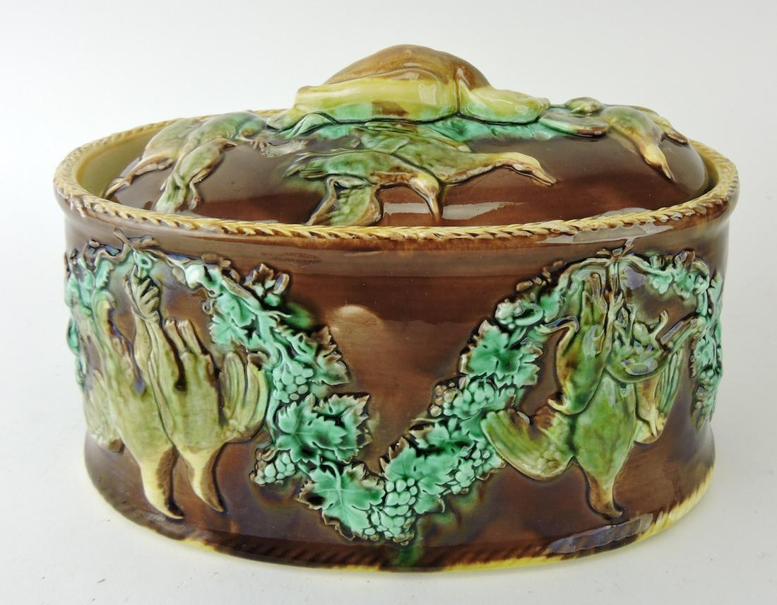 Majolica game dish with game birds: and rabbits, 9"l