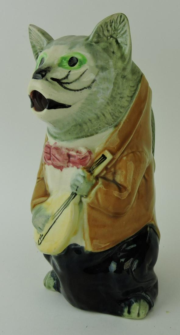 French majolica cat with fiddle: pitcher, 9 1/2", nick to ear