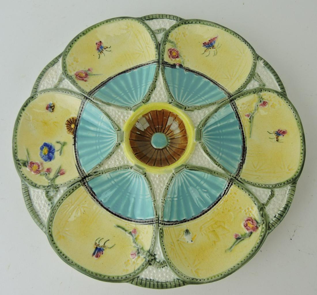 Fielding Majolica fan and insect: six well oyster plate, 9"