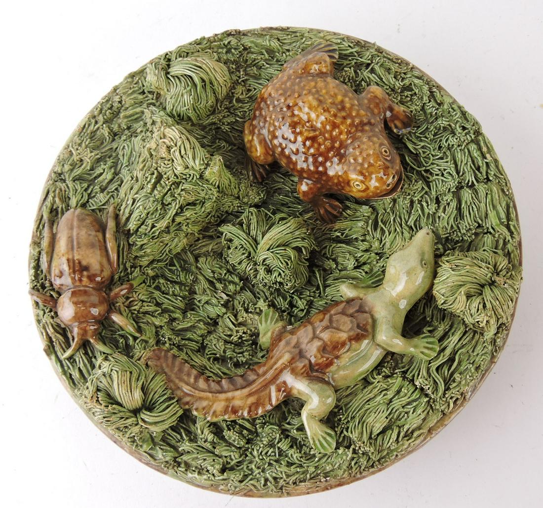 Mafra Portugal Palissy majolica wall: plaque, 8", heavy grass ground with toad, beetle, and salamander
