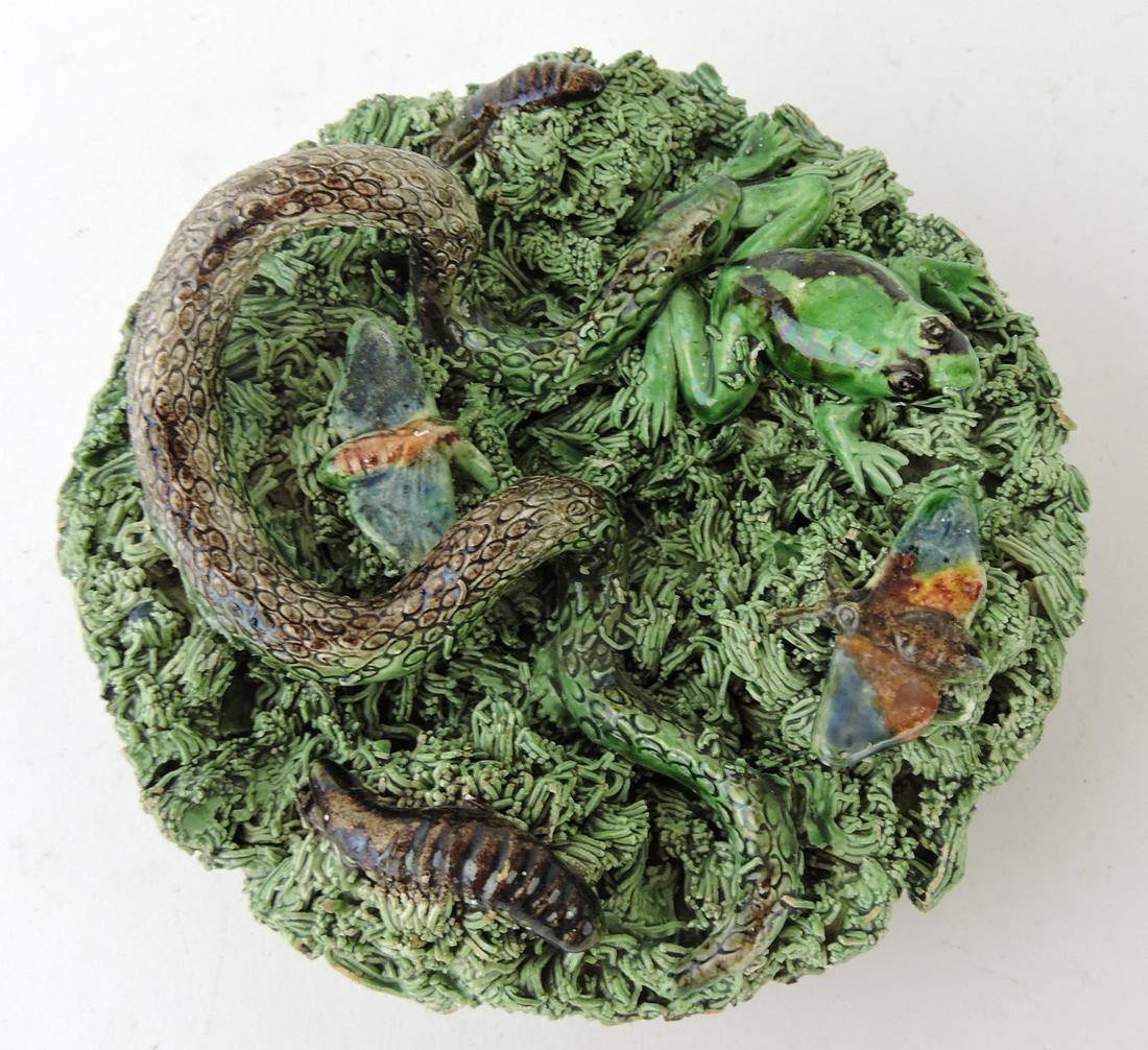 Cunha Portugal Palissy majolica 5 3/4": wall plaque, heavy grass ground with snake, frog, and other creatures