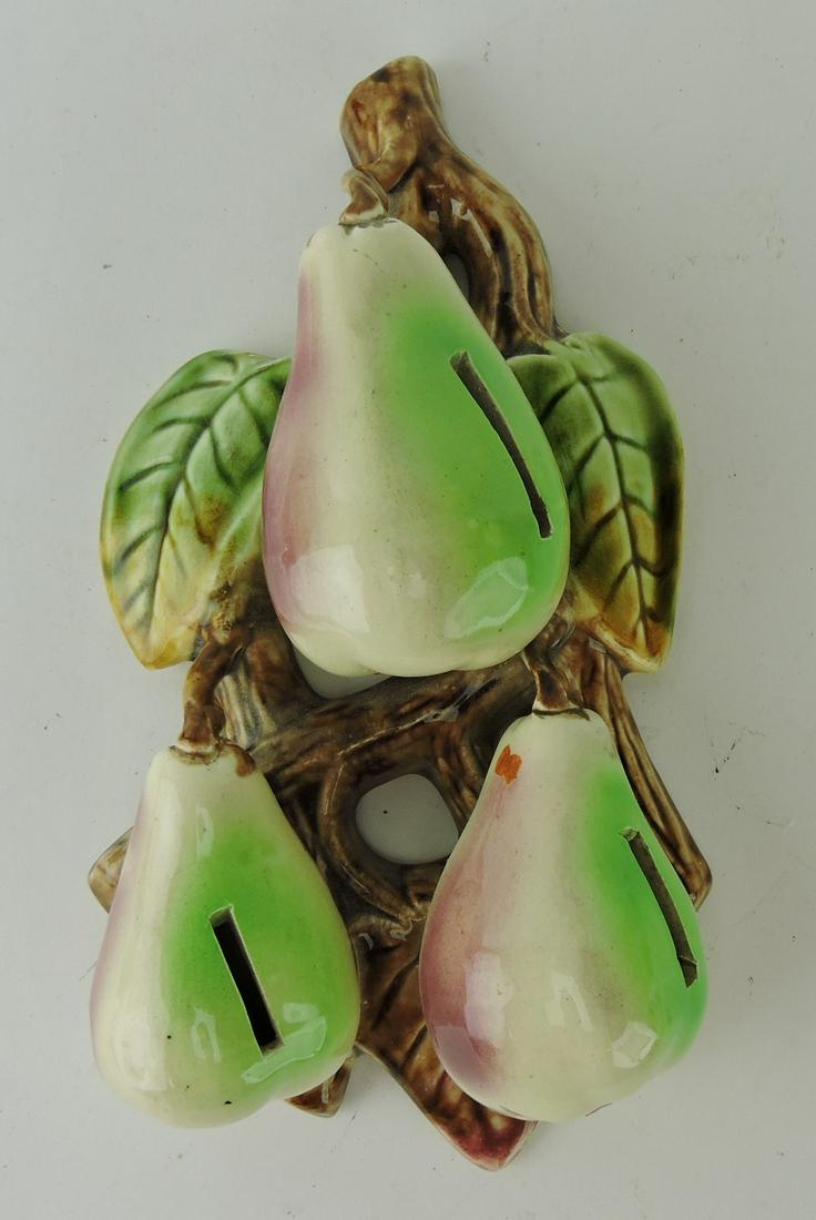 French Orchies majolica pear wall: bank, 10 1/2"