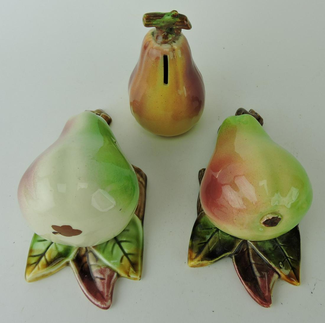 French Orchies majolica lot of 2,: pear wall bank and one pear bank
