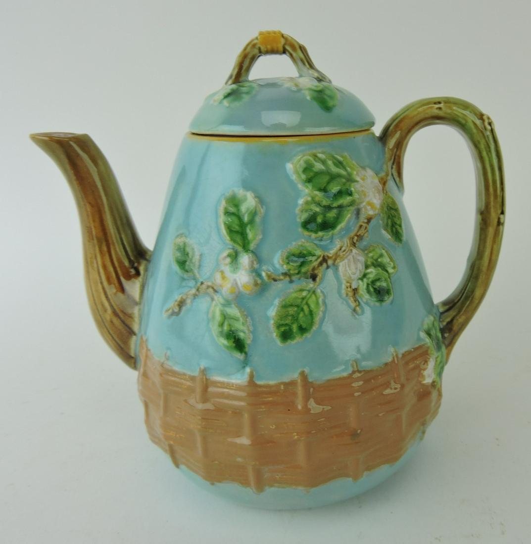 George Jones majolica turquoise: apple blossom teapot, 6 3/4", professional spout repair