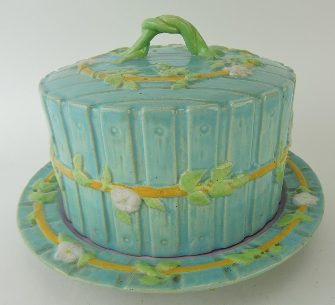 George Jones majolica turquoise picket: fence cheese keeper, 7 1/2"h, 10"d, hairline to base