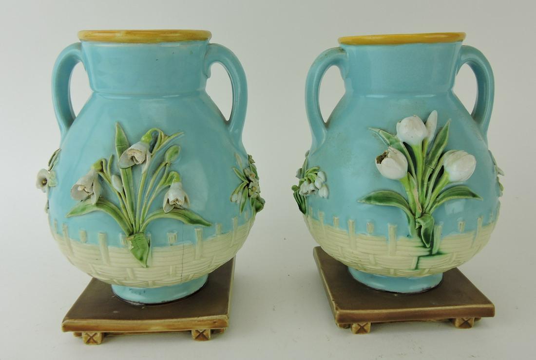 Minton majolica pair of turquoise: vases with flowers, losses to flowers and leaves, 6 1/4"