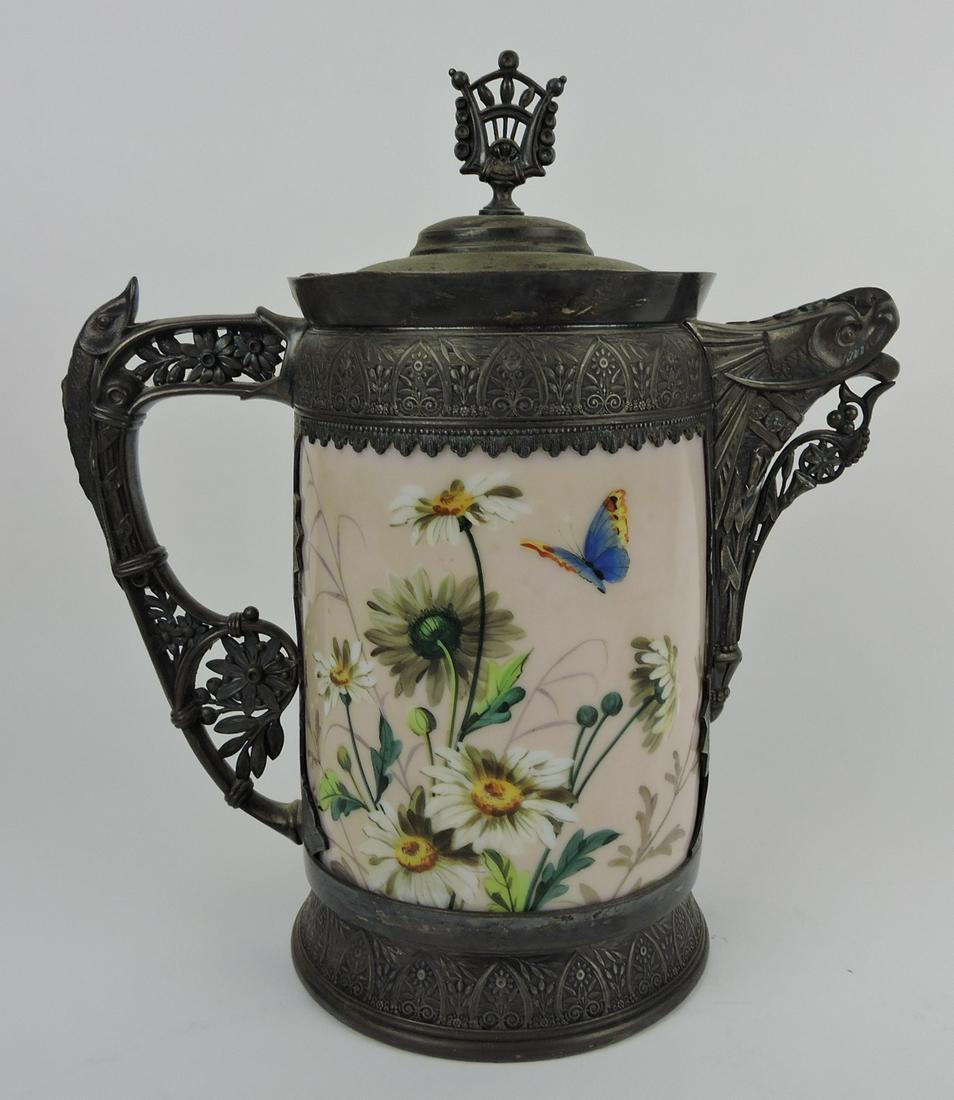 Simpson Hall Miller opaline glass and: figural silverplate ice water pitcher, figural fish handle and spout, pink opaline glass with hand painted daisies and butterflies, 14"