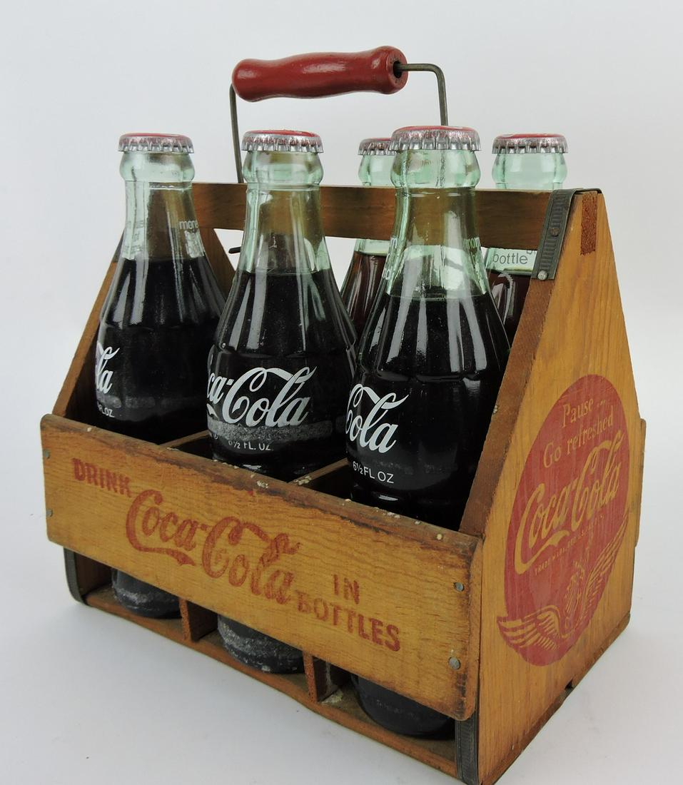 Coca Cola wooden 6 pack bottle: carrier and 6 bottles