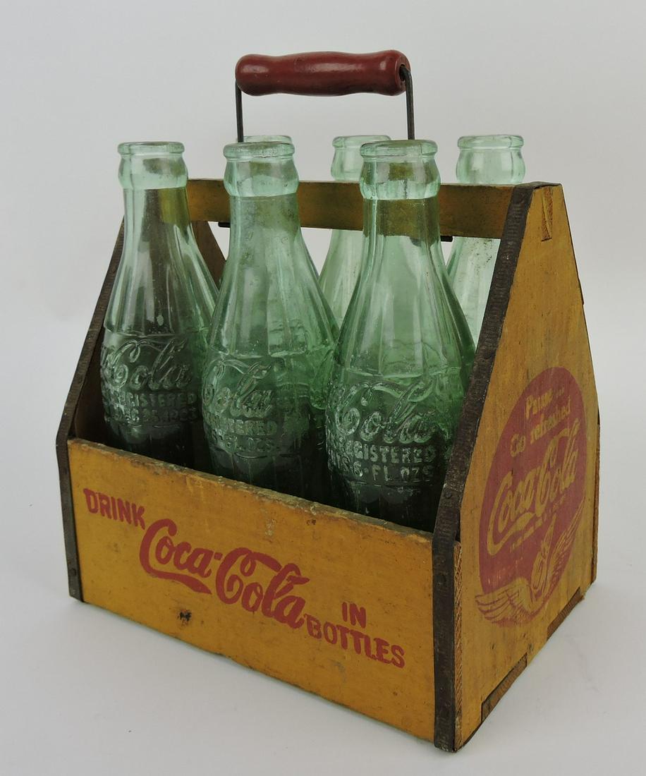 Coca Cola wooden 6 pack bottle: carrier with 6 South Bend, IN bottles