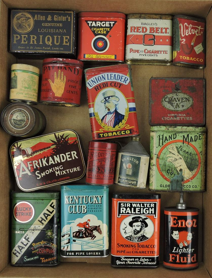 Lot of 17 tobacco pocket and other tins:: Allen-Ginter's Perique, Target, Red Belt, Velvet, Pat Hand Union Leader, Craven "A", Afrikander, Pearson's Snuff, Verseur lighter fluid, Globe Tobacco, Half and Half, Kentucky Club, Sir Walter Raleigh