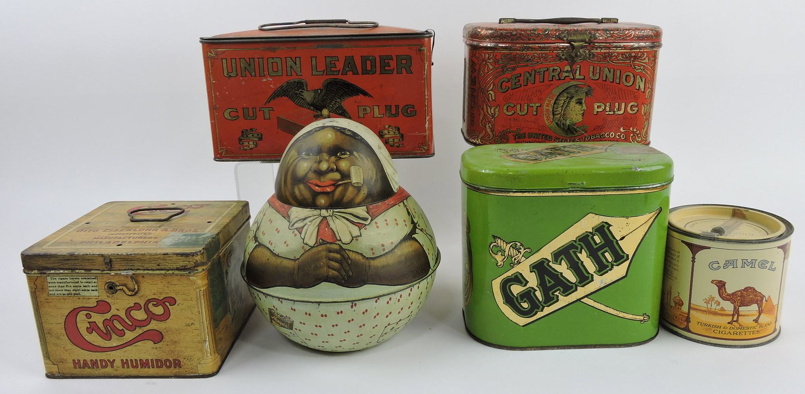 Lot of 6 tobacco tins and related:: Union Leader, Central Union, Cinco, Mayo's, Gath, Camel