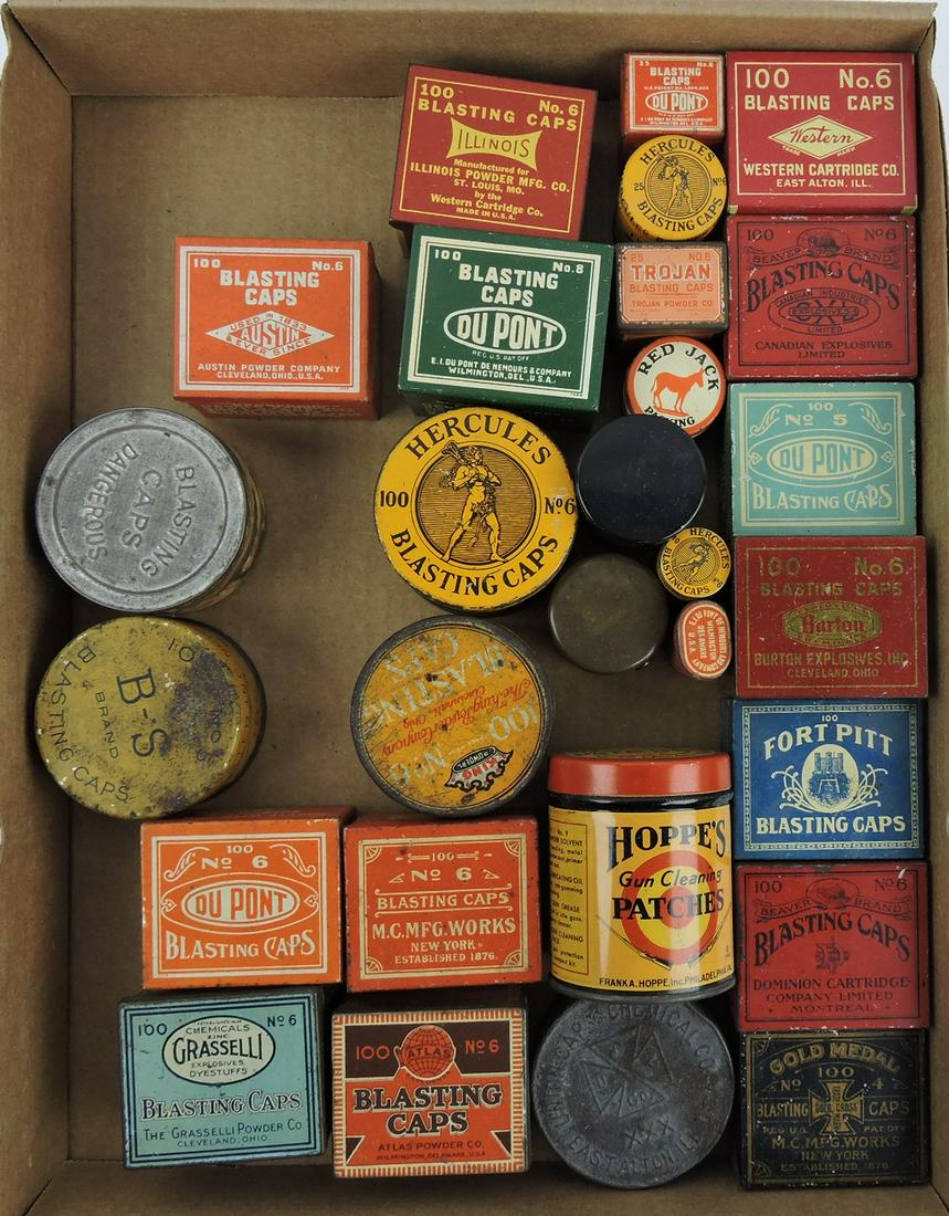 Lot of blasting caps and gun related: advertising signs: Austin, Illinois, Dupont, Western, Hercules, Trojan, Red Jack, King, Atlas, Grasselli, Gold Medal, Burton, and more